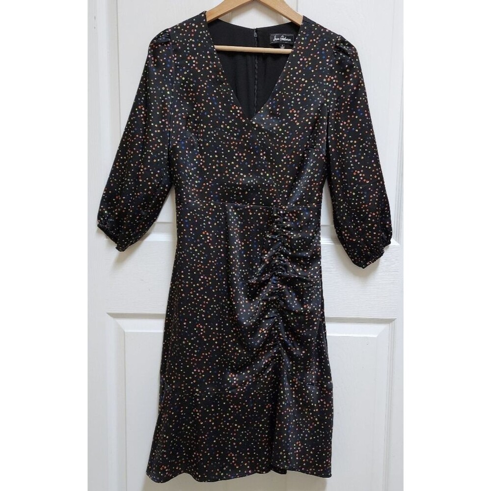 Sam Edelman Dress Sz 8 Black Multicolor Polka Dots Sheen V Neck Ruched 3/4 Slv